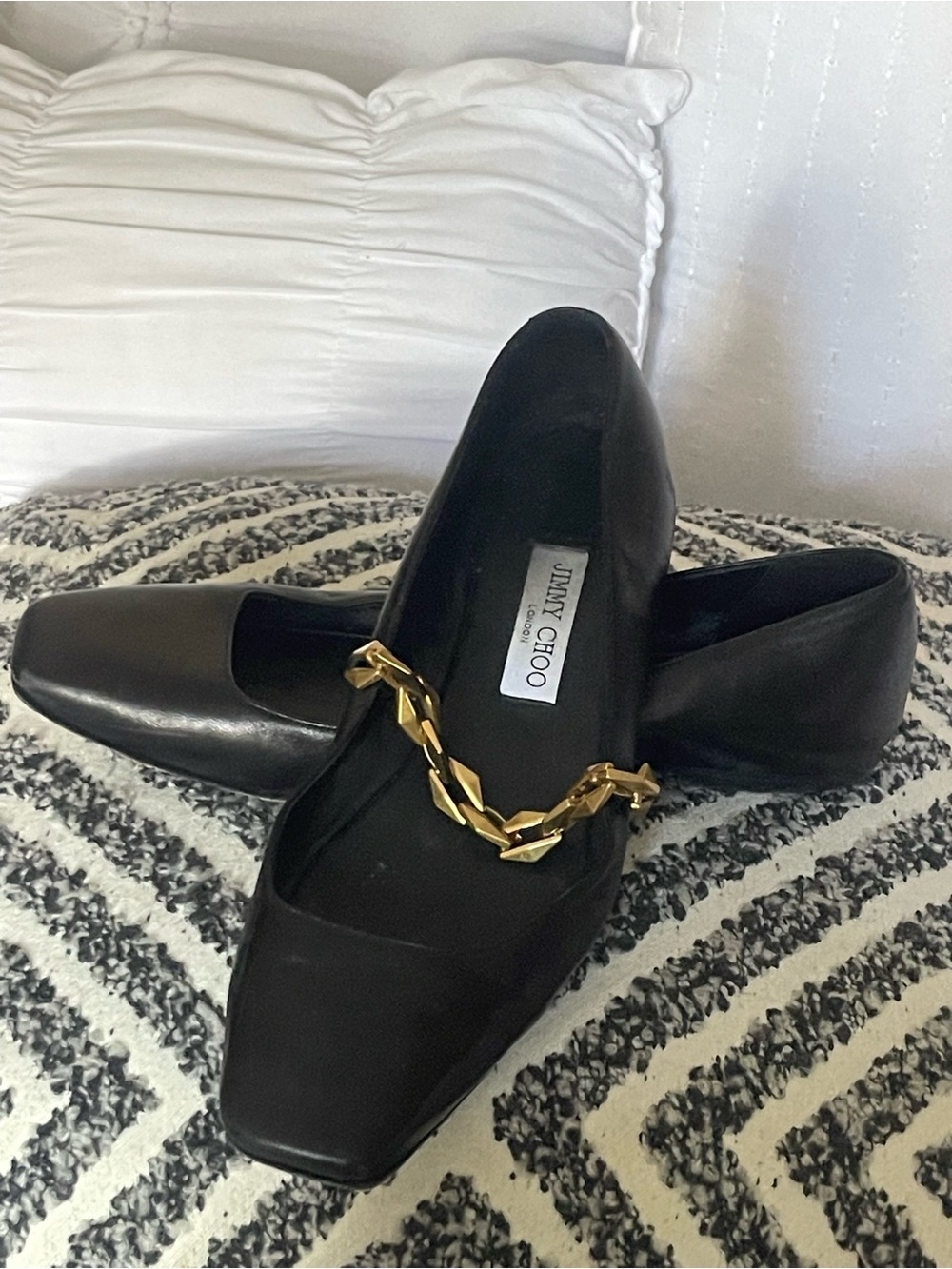 Jimmy Choo Black Leather Loafers with Gold Chain Detail